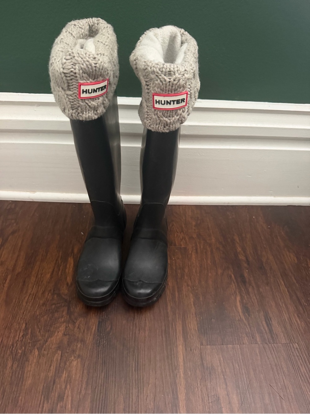 Hunter Black Rain Boots with Grey Knit Cuffs